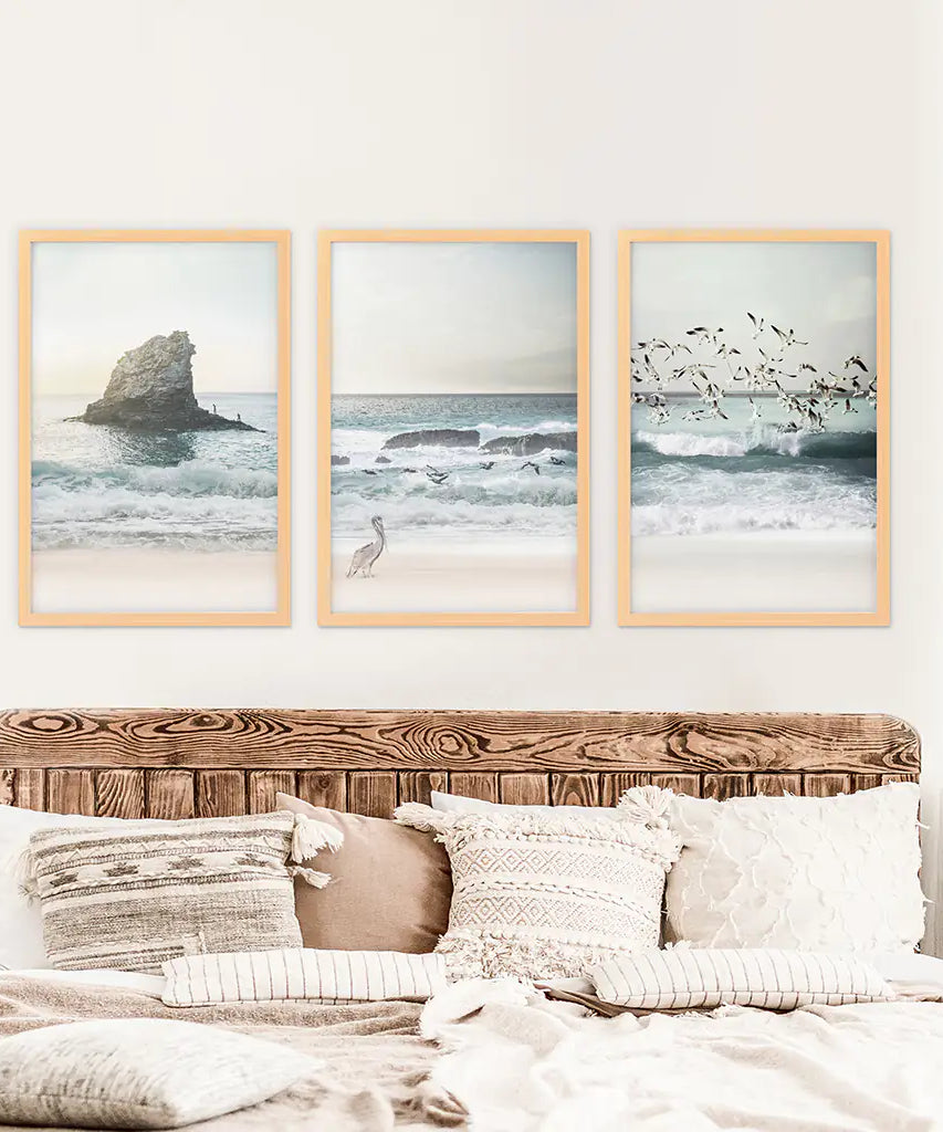 Ocean Beach with Rocks. Beige Blue Coastal Triptych
