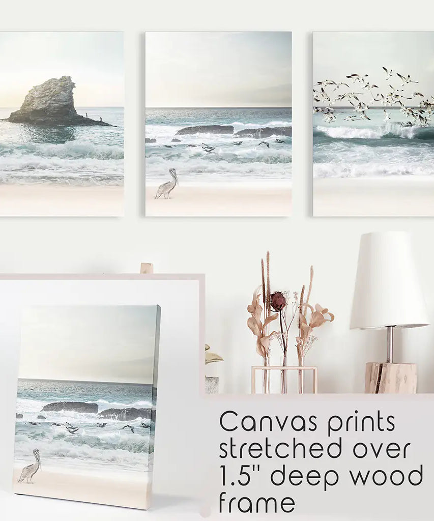 Ocean Beach with Rocks. Beige Blue Coastal Triptych