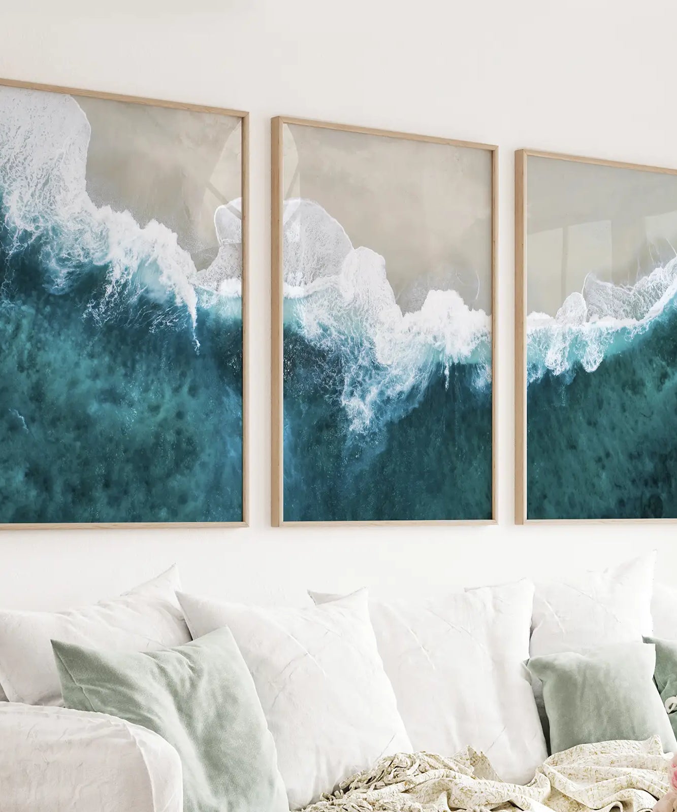 Turquoise Wave on the Sandy Beach Prints. Aerial Photography