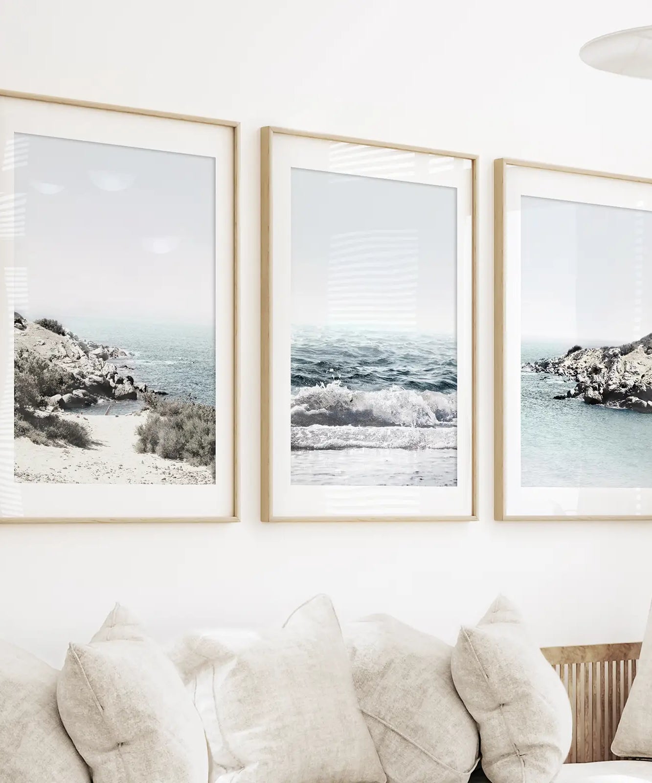 3 Piece Coastal Seascape Set. Blue Waves, Rocky Beach