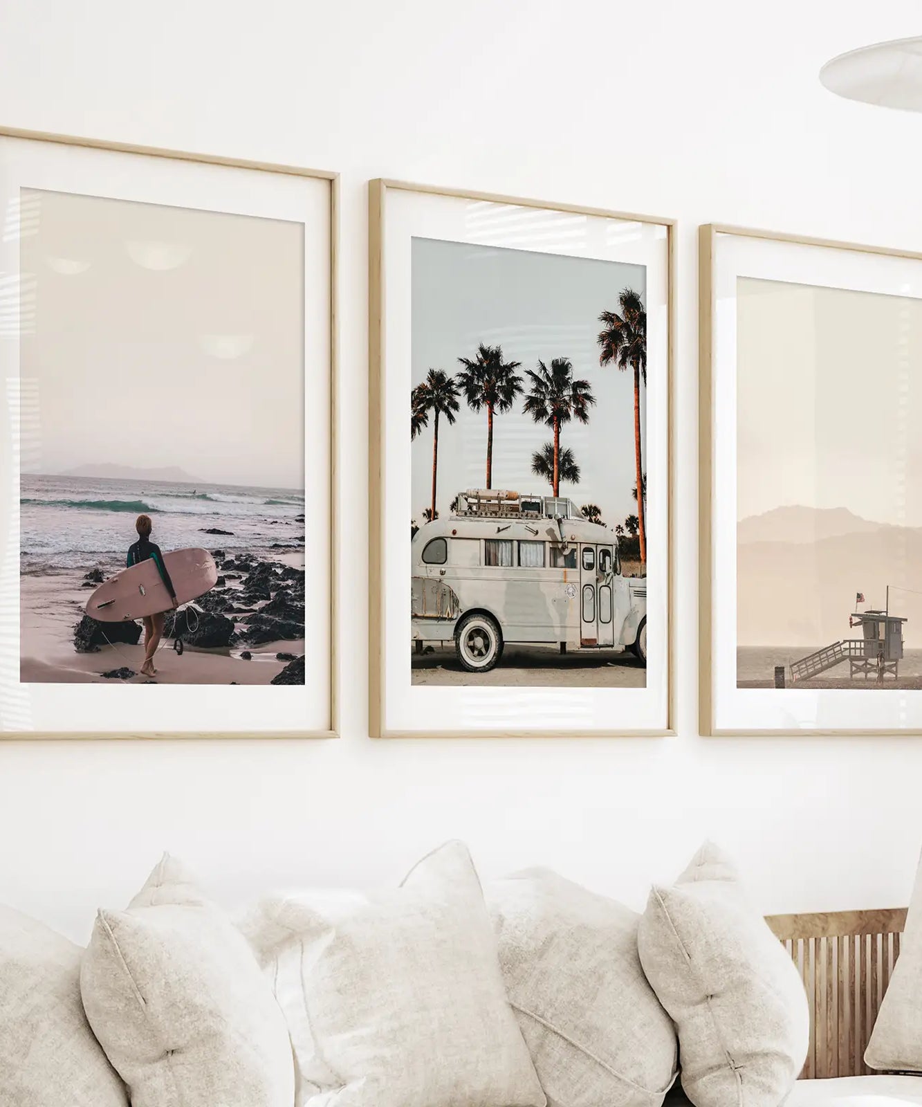 Beige Surfing Wall Art Set. Surfer, Ocean, Bus, Lifeguard