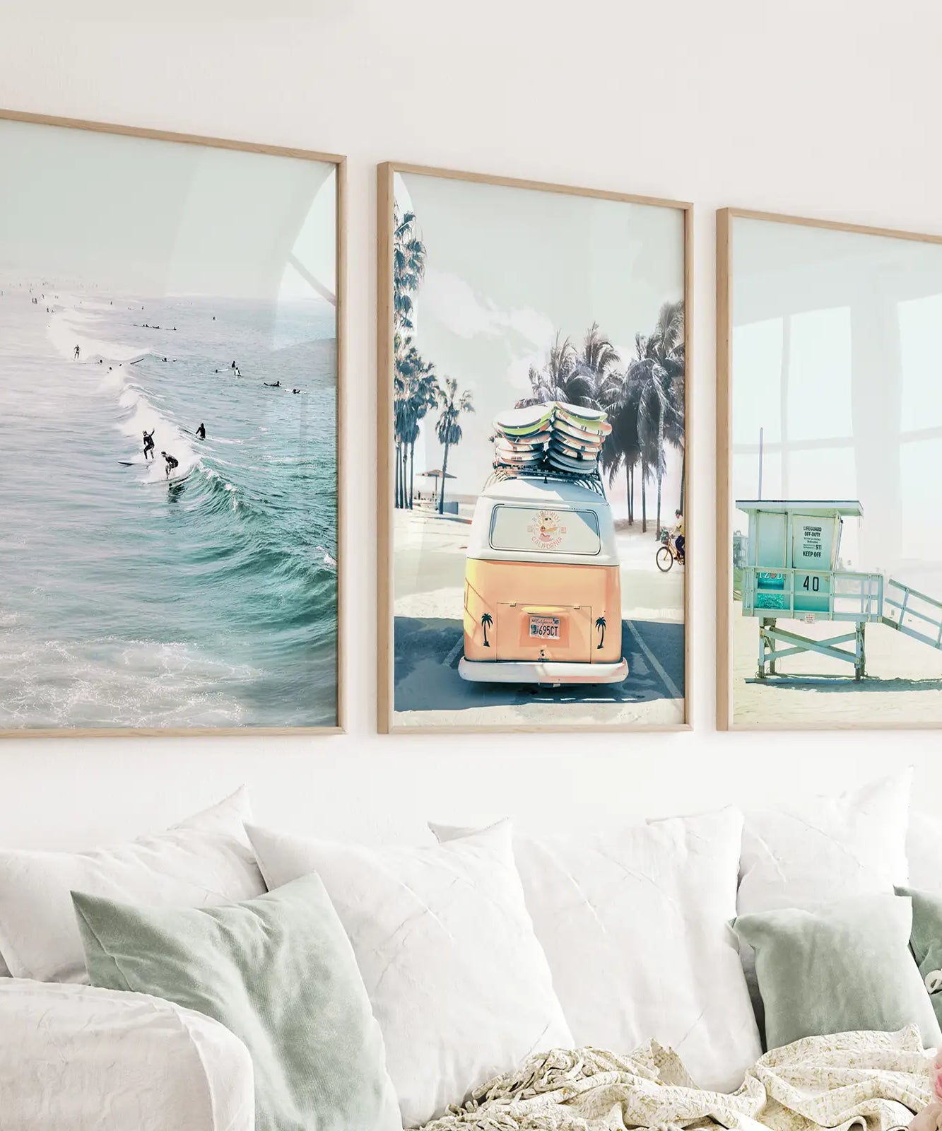 California Wall Art. Surfers on the Waves, Yellow Van, Lifeguard