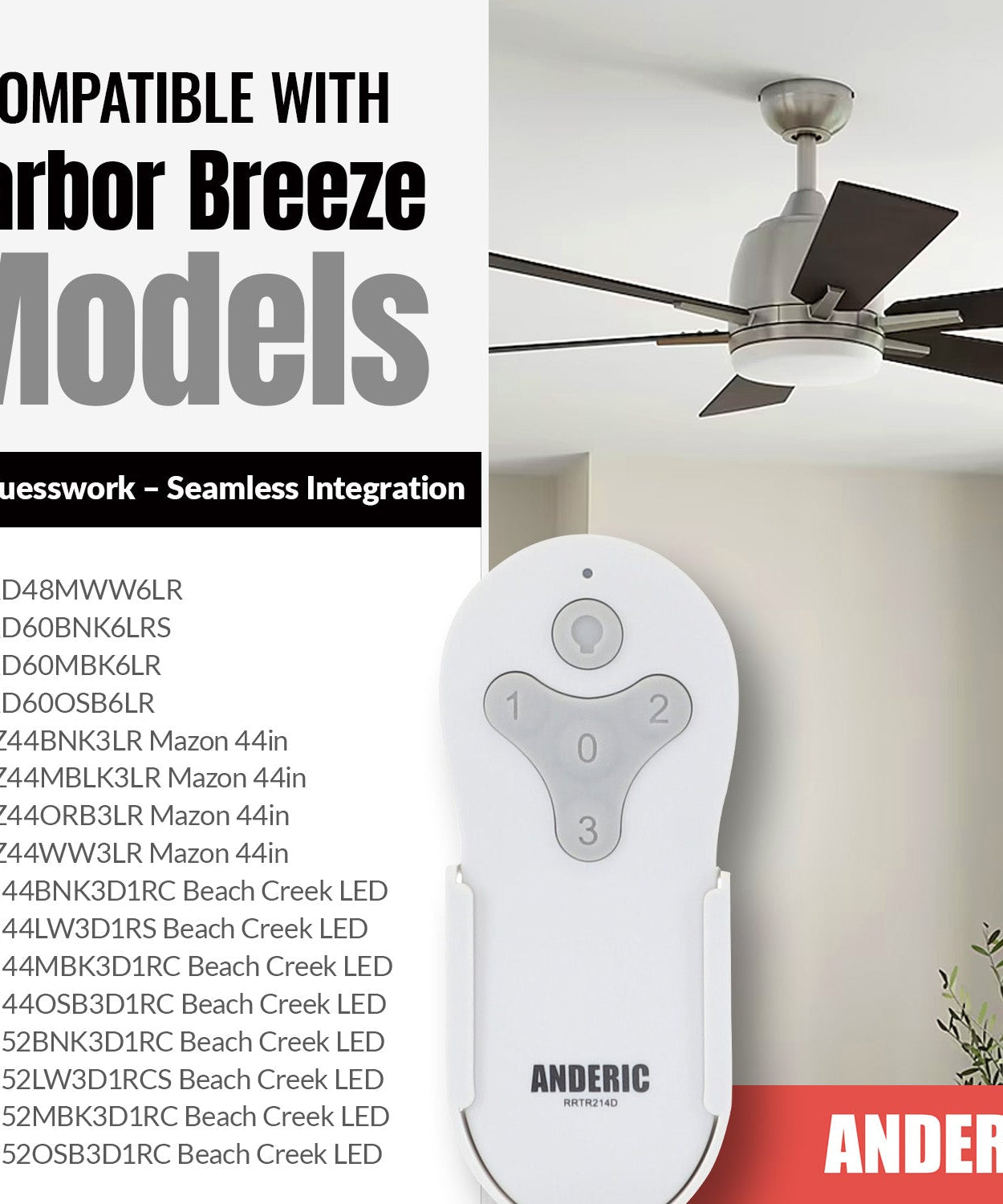 Anderic RRTR214D Replacement Ceiling Fan Remote Control for Harbor Breeze TR214D, KUJCE10311, KUJCE10712, and Others