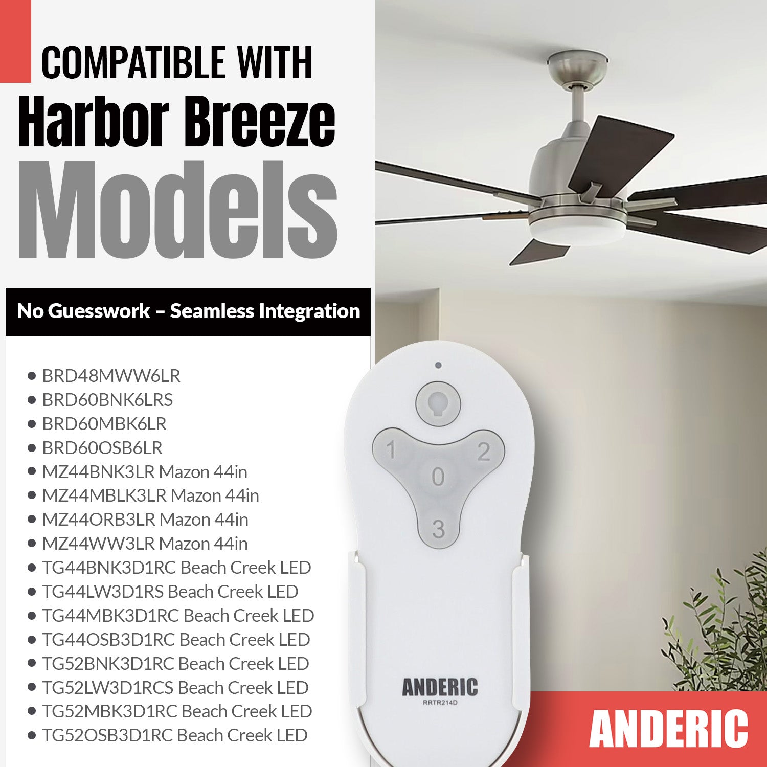 Anderic RRTR214D Replacement Ceiling Fan Remote Control for Harbor Breeze TR214D, KUJCE10311, KUJCE10712, and Others