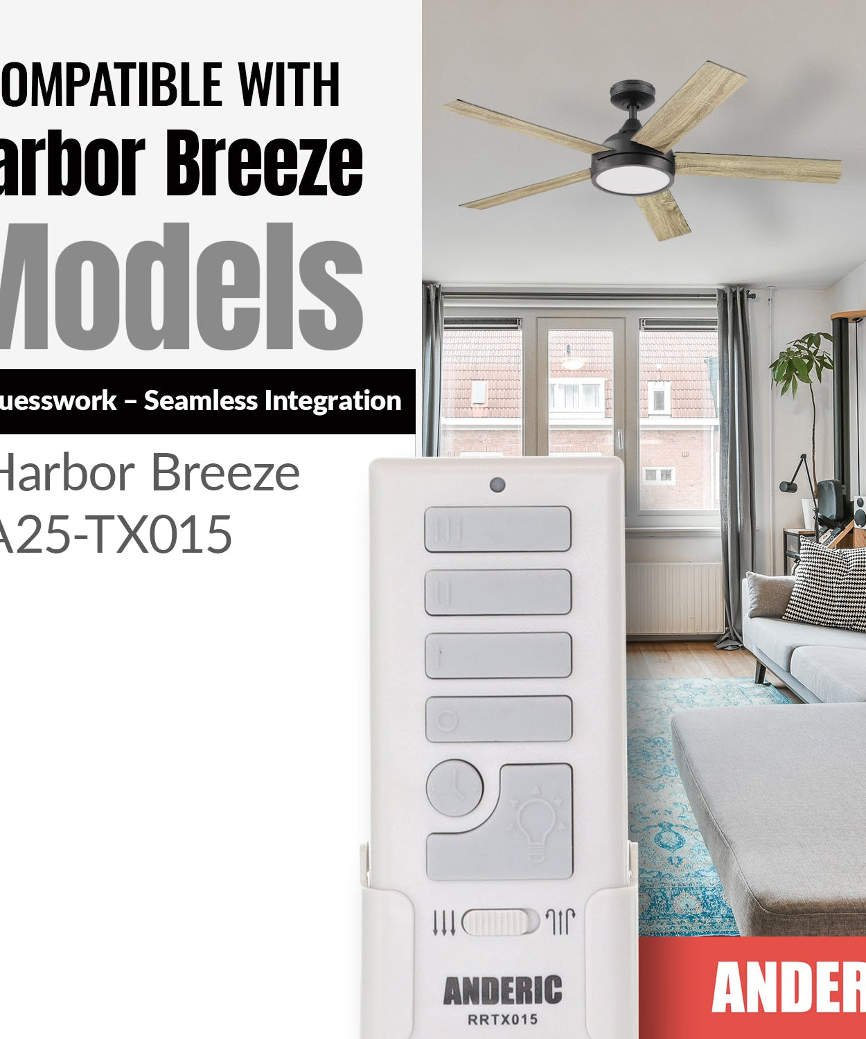 Anderic RRTX015 Replacement Ceiling Fan Remote Control for Harbor Breeze A25-TX015A