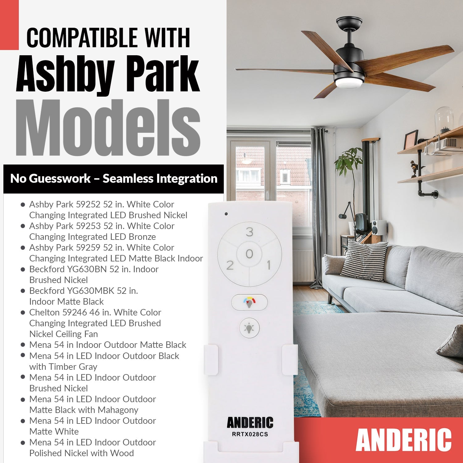 Anderic RRTX028CS Replacement Ceiling Fan Remote Control for Hampton Bay and Home Decorators Collection - TX028C-S