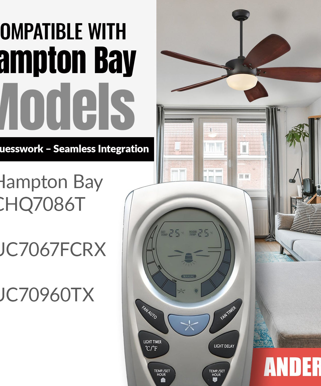 Anderic RR7087T Replacement Thermostatic Ceiling Fan Remote Control with Fan Timer Key | CHQ7087T