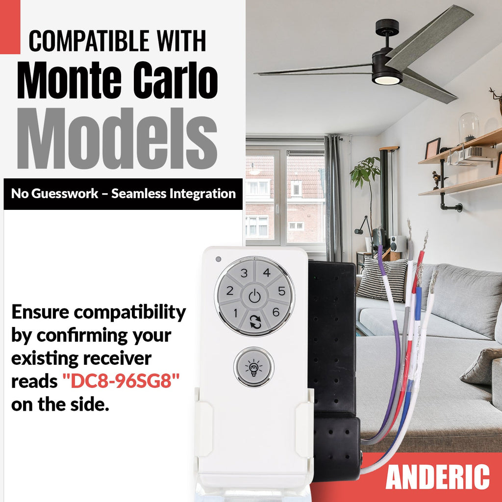 Anderic DC1/DC8 Replacement Ceiling Fan Kit | DC8-96SG8 Receiver & DC1 Remote Control