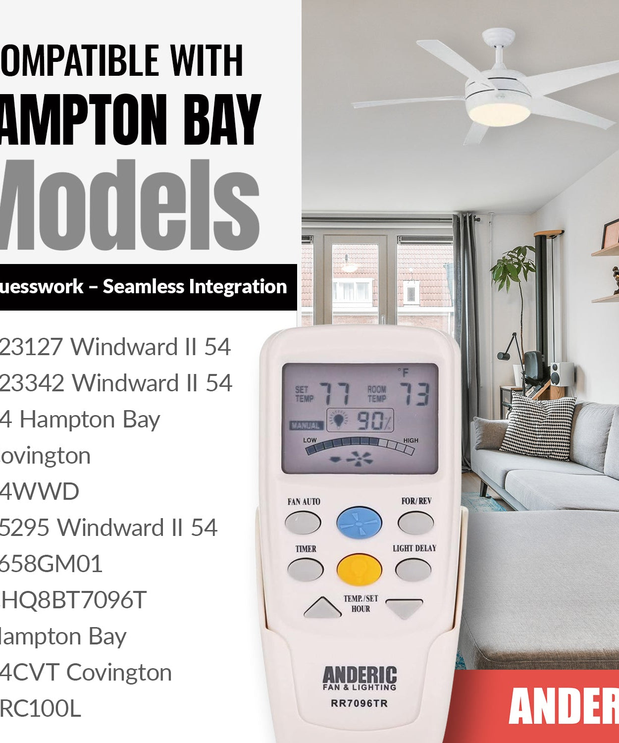 Anderic RR7096TR Thermostatic Ceiling Fan Remote Control with Reverse Key | CHQ7096T, CHQ8BT7096T
