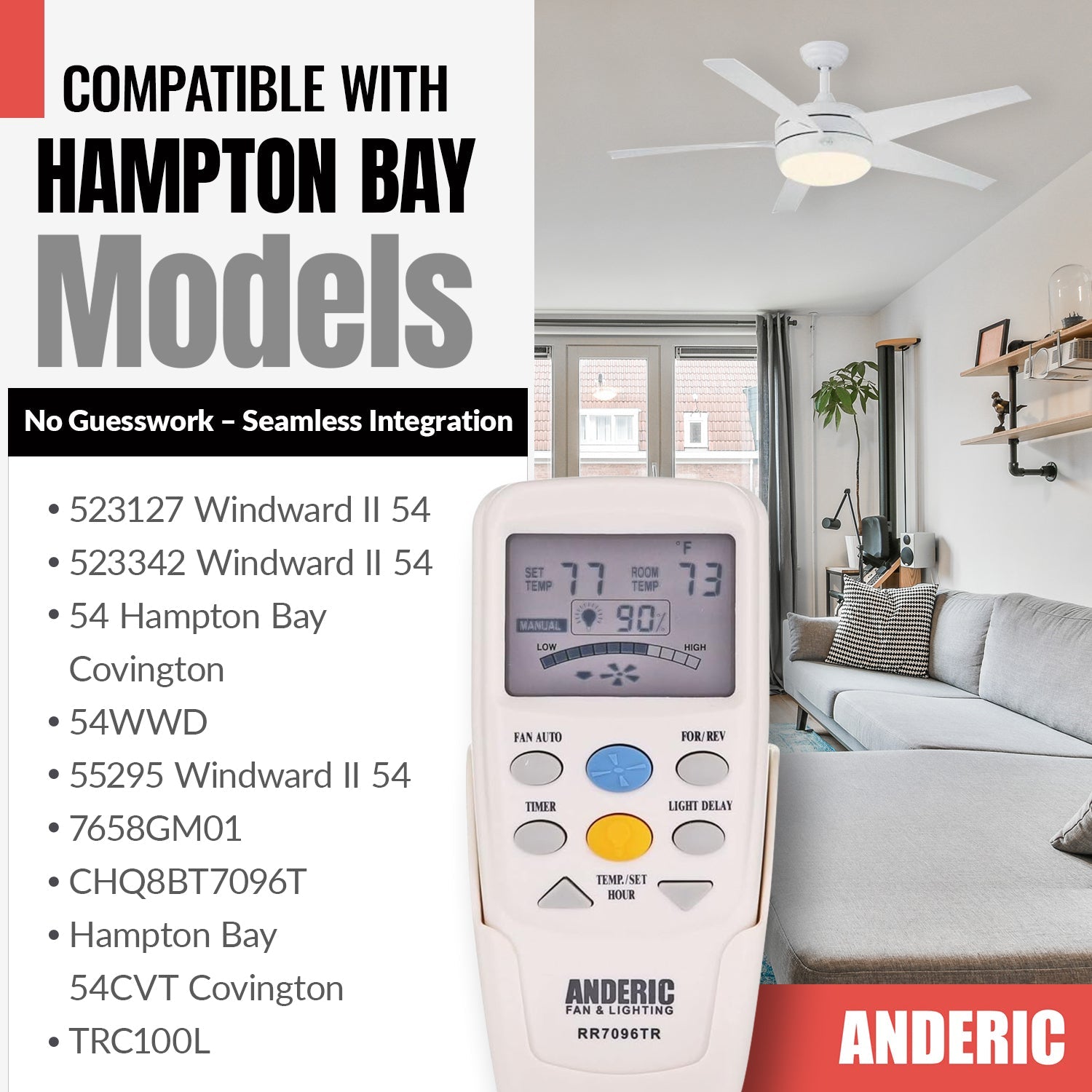 Anderic RR7096TR Thermostatic Ceiling Fan Remote Control with Reverse Key | CHQ7096T, CHQ8BT7096T