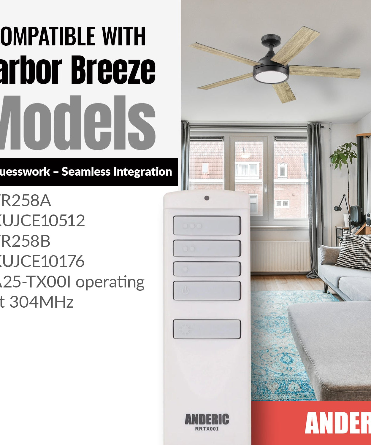Anderic RRTX00I Replacement Ceiling Fan Remote Control for Harbor Breeze A25-TX00I / TR258A / KUJCE10512