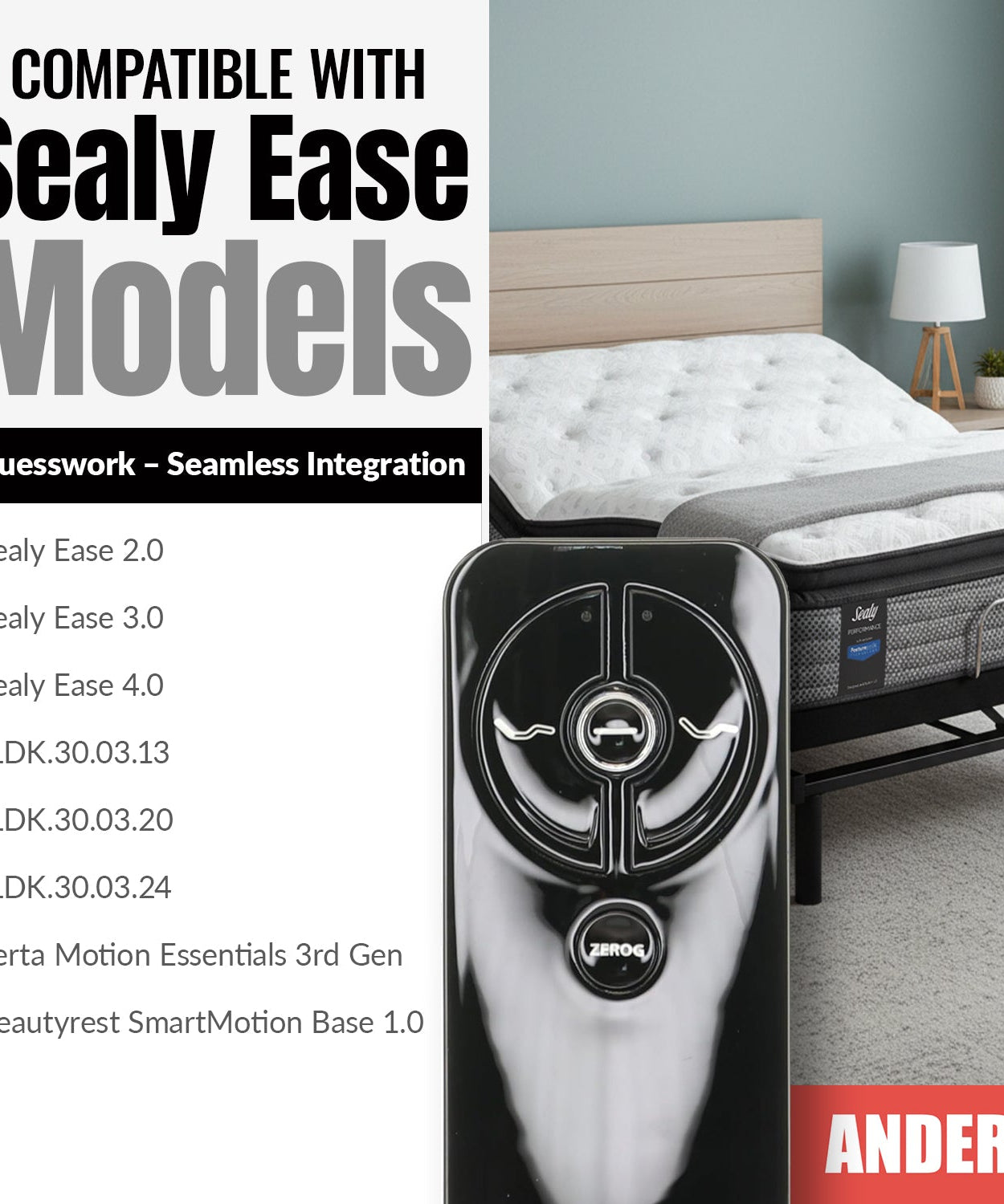 Anderic RR399A Replacement Adjustable Bed Frame Remote Control for Sealy, Serta, Ease, Beautyrest, SmartMotion | RF399A, RF368B