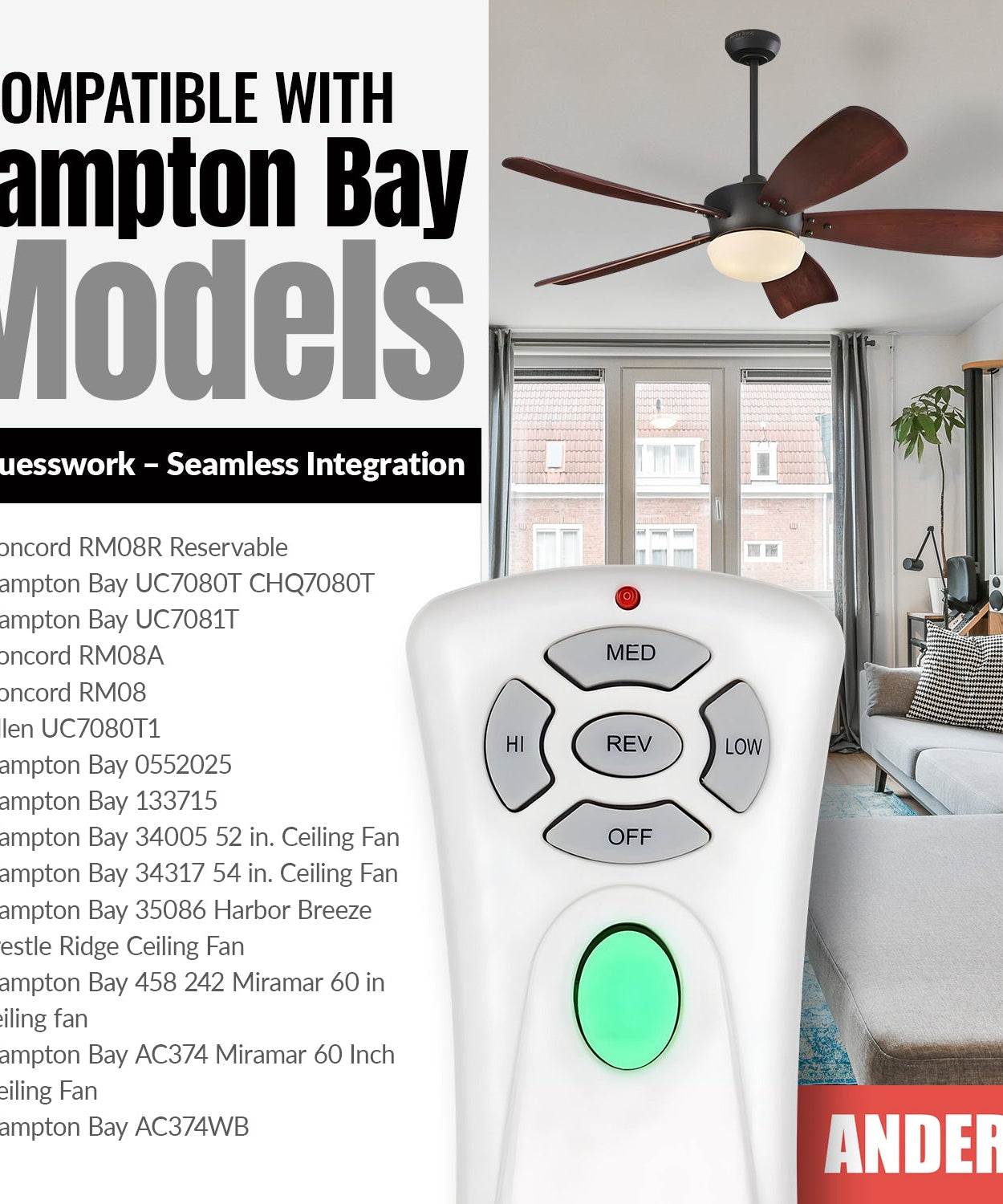 Anderic RR7080T (UC7080T) Ceiling Fan Remote Control for Hampton Bay | CHQ7080T | Up Light | Down Light | Reverse