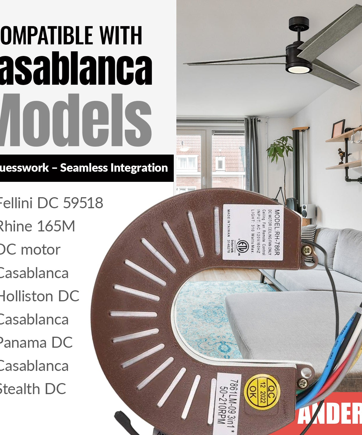 Anderic RH786R Replacement Ceiling Fan Receiver for Casablanca Stealth, Panama, Holliston | RH-786R, 7861LM-09