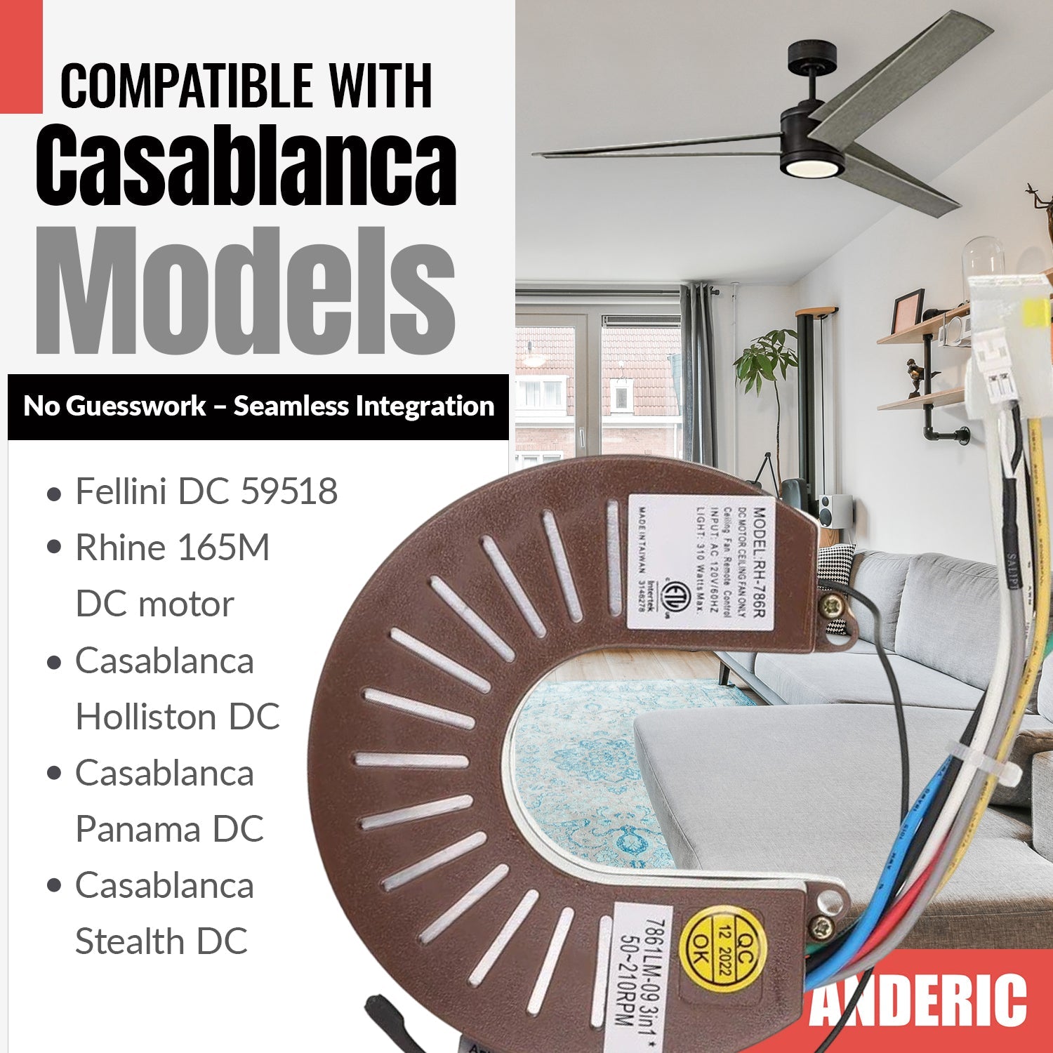 Anderic RH786R Replacement Ceiling Fan Receiver for Casablanca Stealth, Panama, Holliston | RH-786R, 7861LM-09