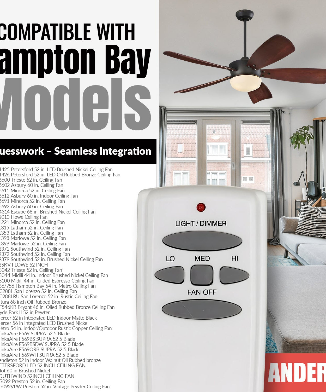 Anderic FAN-HD (UC7078T) Ceiling Fan Remote Control for Hampton Bay - RR7079T