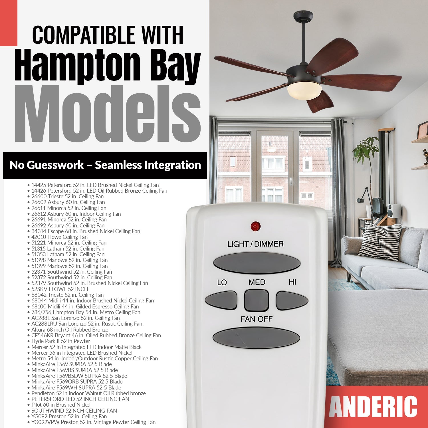 Anderic FAN-HD (UC7078T) Ceiling Fan Remote Control for Hampton Bay - RR7079T