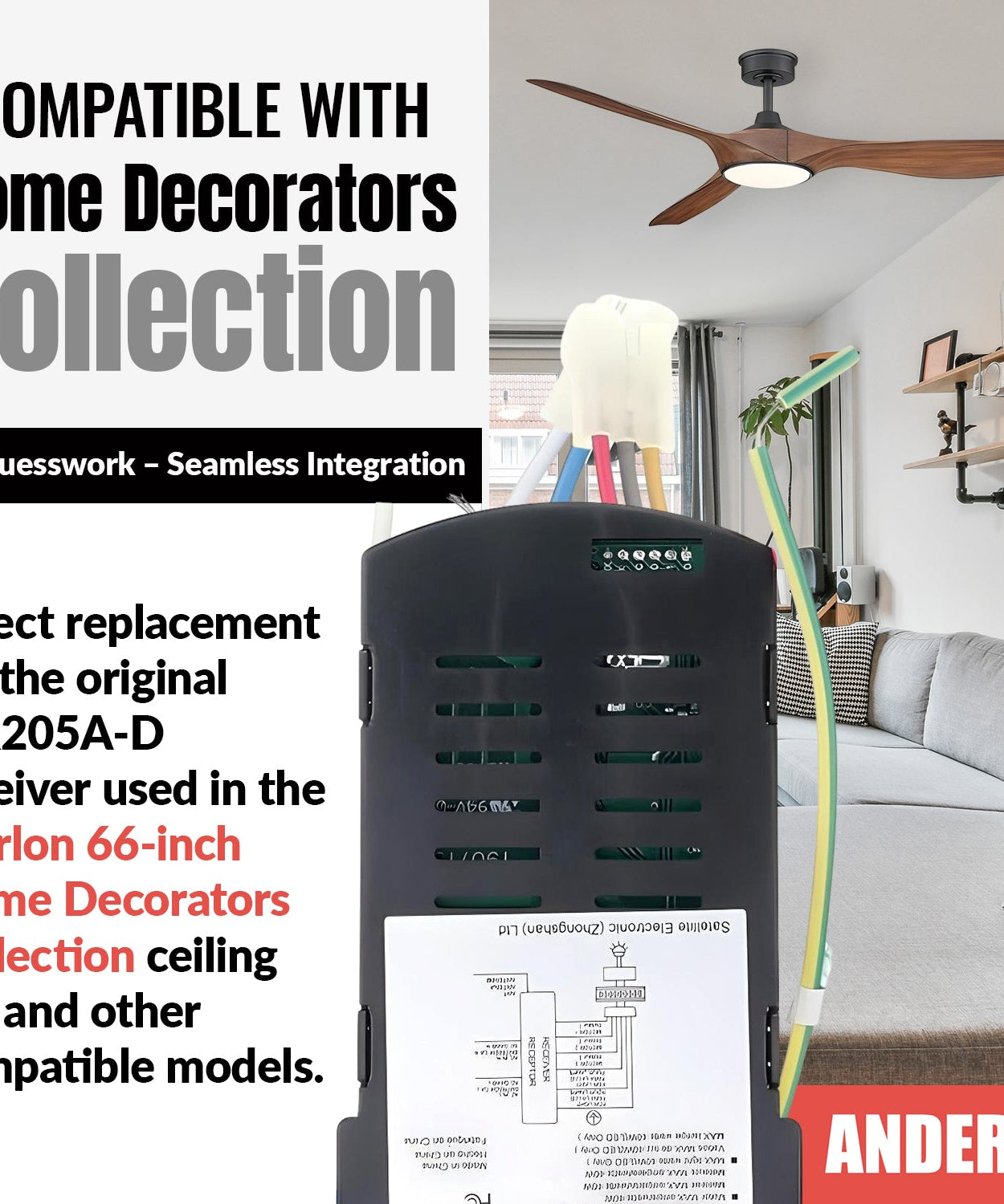 Anderic MR205A-D Replacement Ceiling Fan Receiver for Home Decorators Collection Marlon 66" Inch
