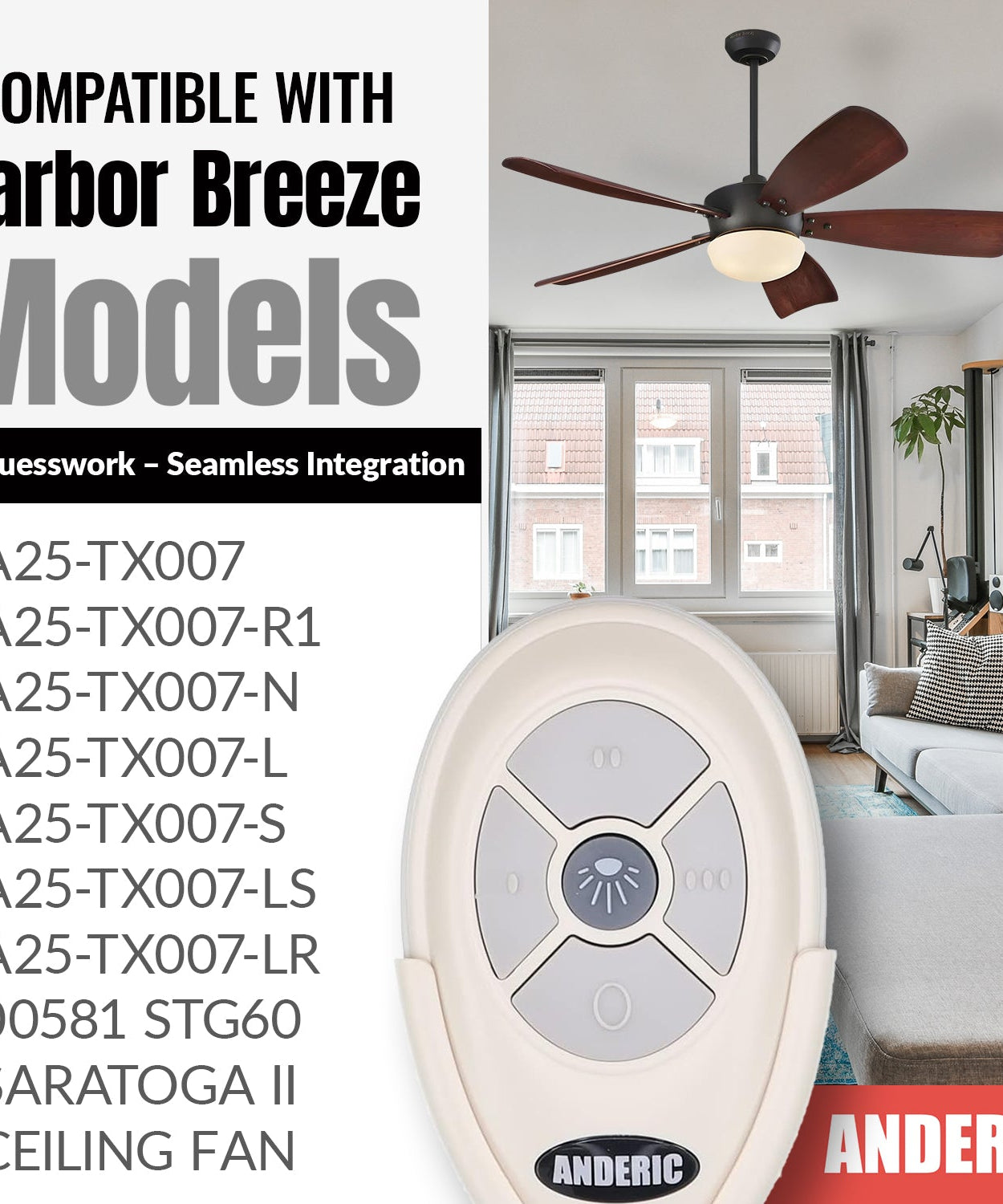 Anderic RRTX007 Replacement Ceiling Fan Remote Control for Harbor Breeze A25-TX007