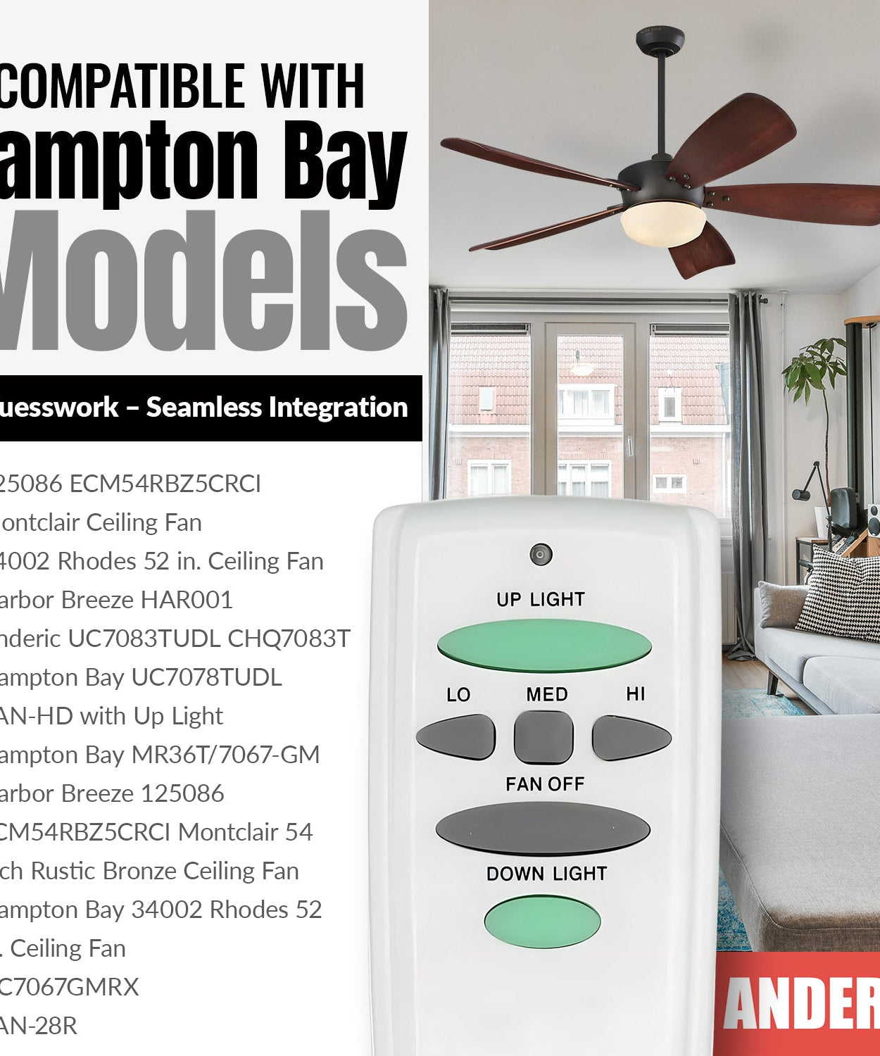 Anderic RR7078TUDL / HD6-UD (UC7078T) Ceiling Fan Remote Control for Hampton Bay | CHQ7078T | Up Light | Down Light