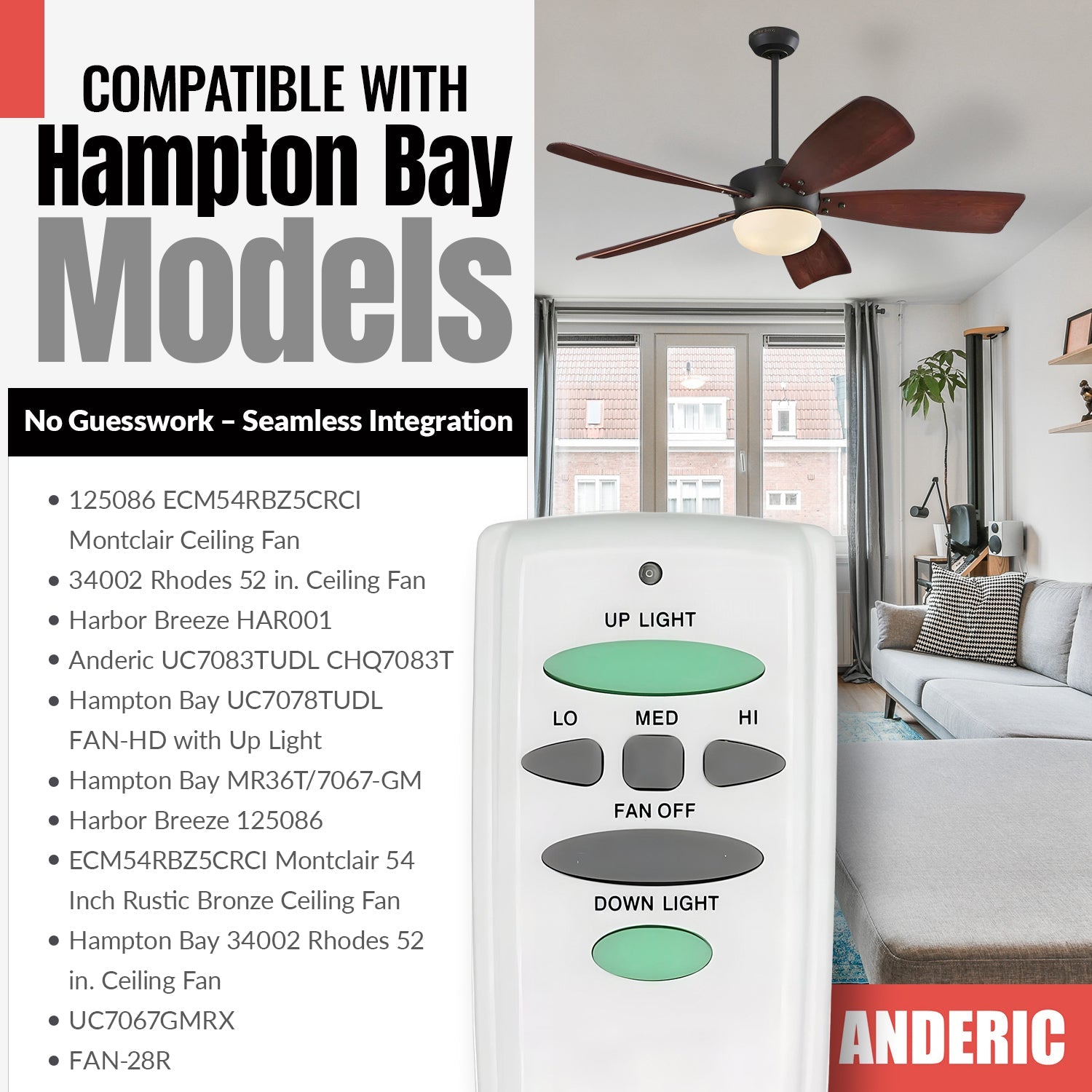 Anderic RR7078TUDL / HD6-UD (UC7078T) Ceiling Fan Remote Control for Hampton Bay | CHQ7078T | Up Light | Down Light