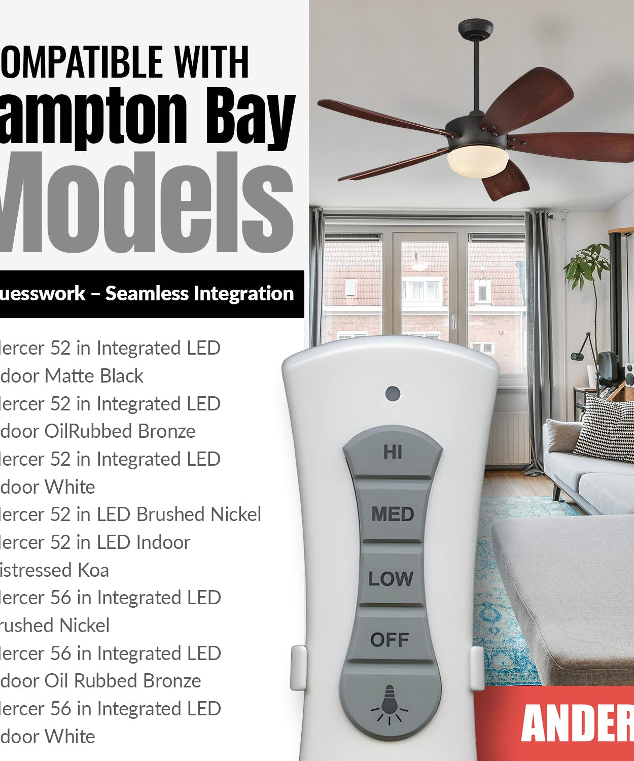 Anderic RR7216T Ceiling Fan Remote Control for UC7216T, CHQ7216T | RF | 4-DIP Pairing | 304 MHz
