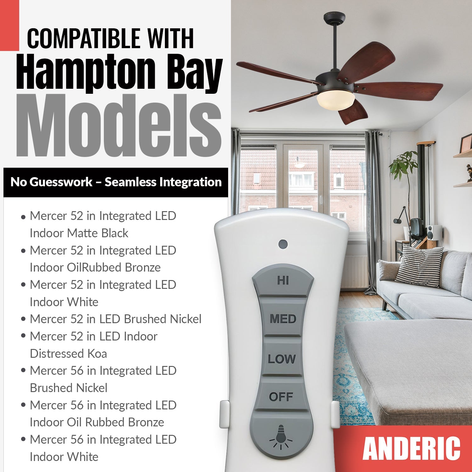 Anderic RR7216T Ceiling Fan Remote Control for UC7216T, CHQ7216T | RF | 4-DIP Pairing | 304 MHz