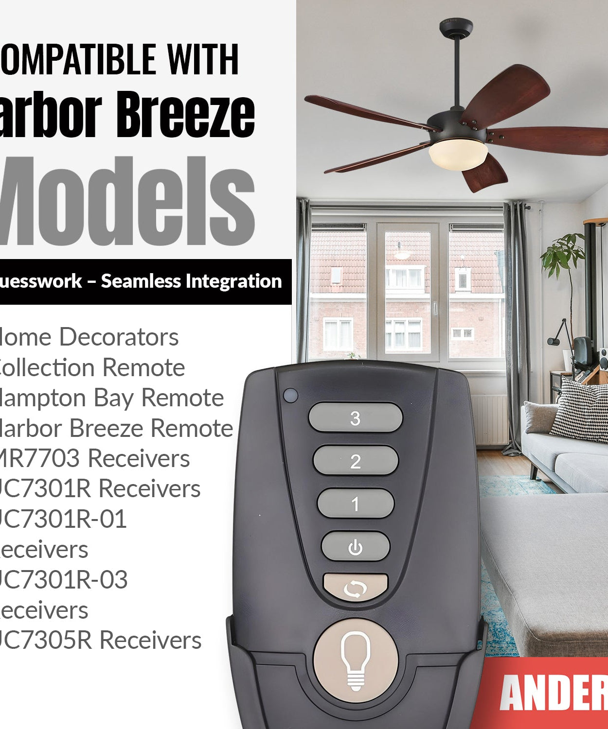 Anderic RR7222T Replacement Ceiling Fan Remote Control for Home Decorators Collection and Others | UC7222T, CHQ7222T