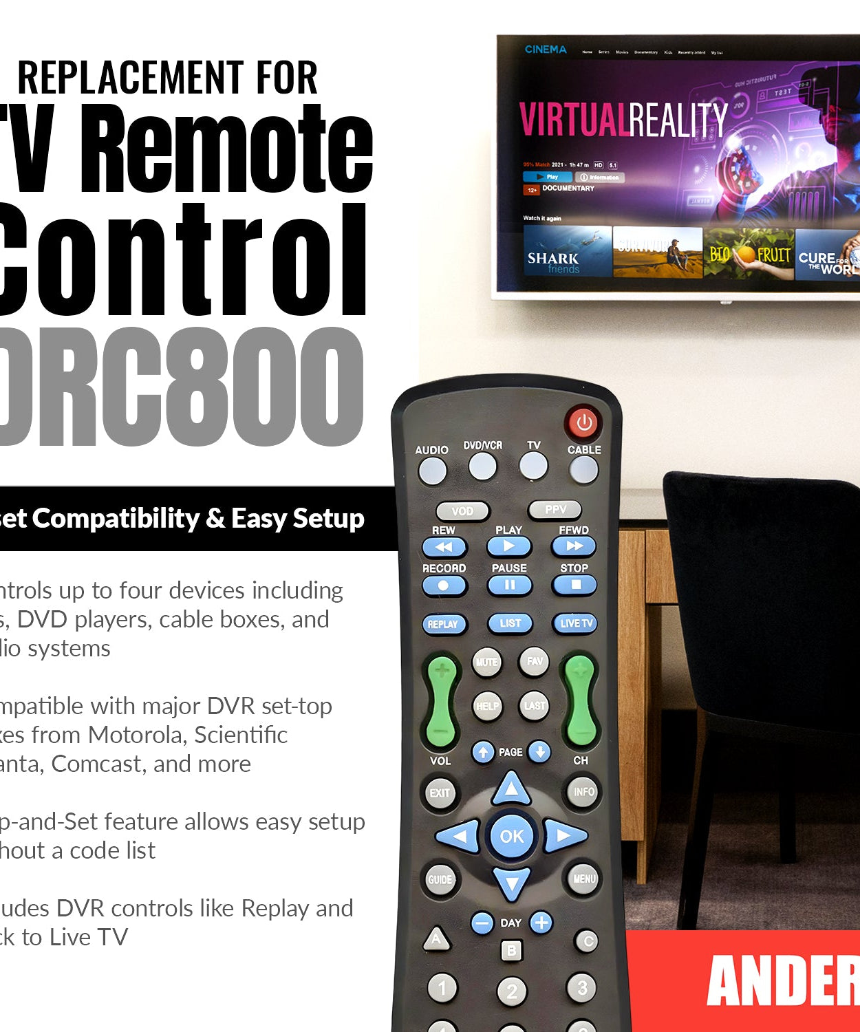 Anderic DRC800 DVR and Cable Box Remote Control for Motorola, Scientific Atlanta, and others