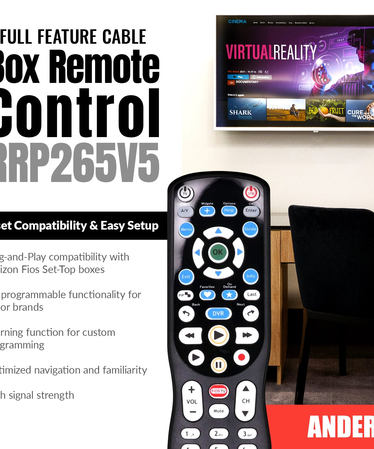 Anderic RRP265V5 Replacement 2-Device Universal Remote Control for Verizon FiOS Cable - P265v5