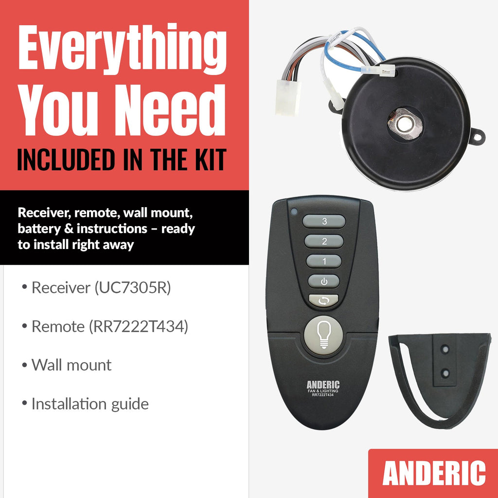 Anderic MR77A-MOLEX-KIT Replacement Ceiling Fan Remote Control Kit - MR77A, RR7222T434, MOLEX-AMP-ADAPTER
