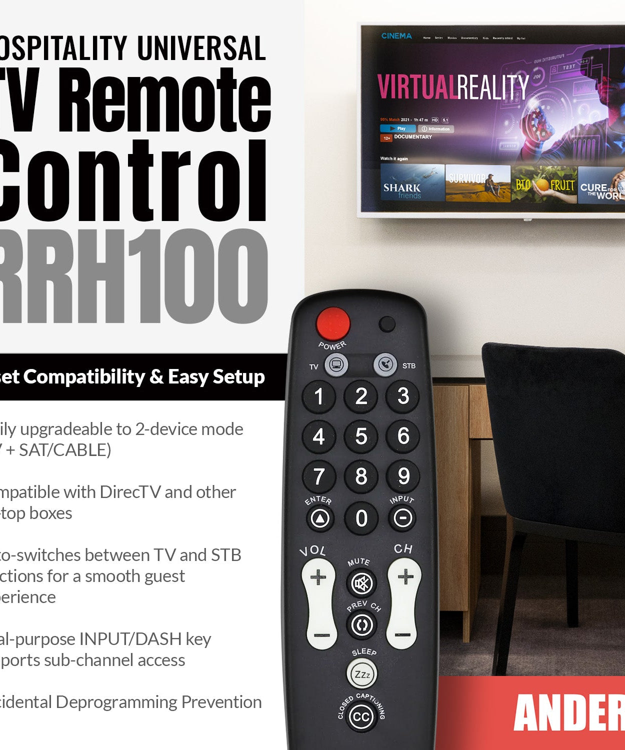 Anderic RRH100 2-Device Universal Remote Control for Hospitality TVs and Cable/Satellite/STB Boxes with Learning