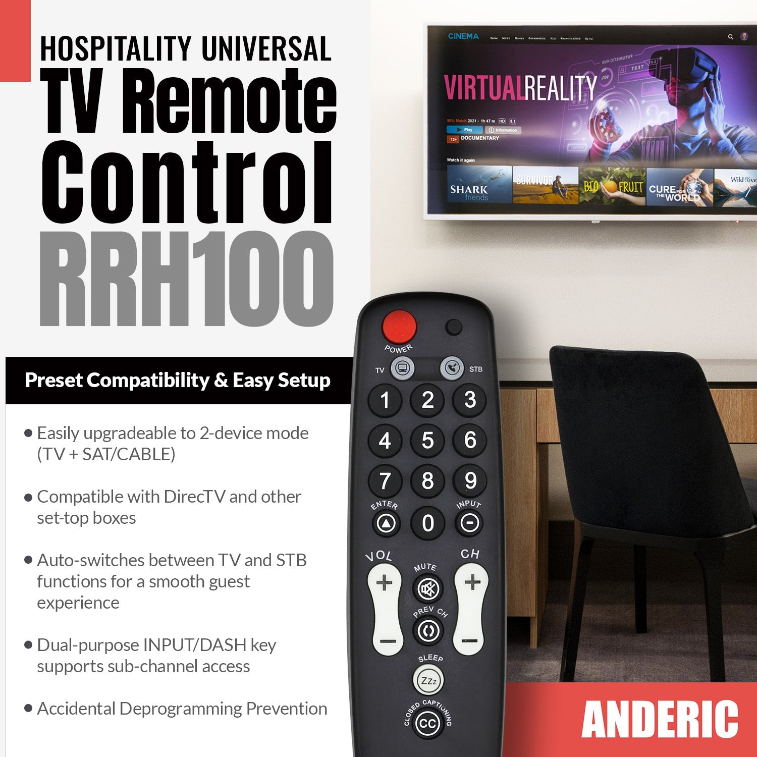 Anderic RRH100 2-Device Universal Remote Control for Hospitality TVs and Cable/Satellite/STB Boxes with Learning
