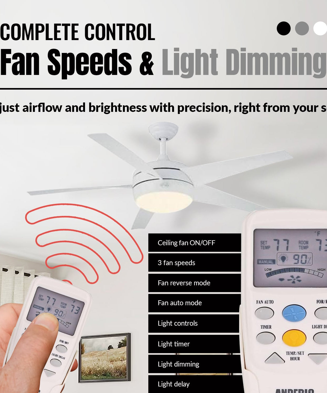 Anderic RR7096TR Thermostatic Ceiling Fan Remote Control with Reverse Key | CHQ7096T, CHQ8BT7096T