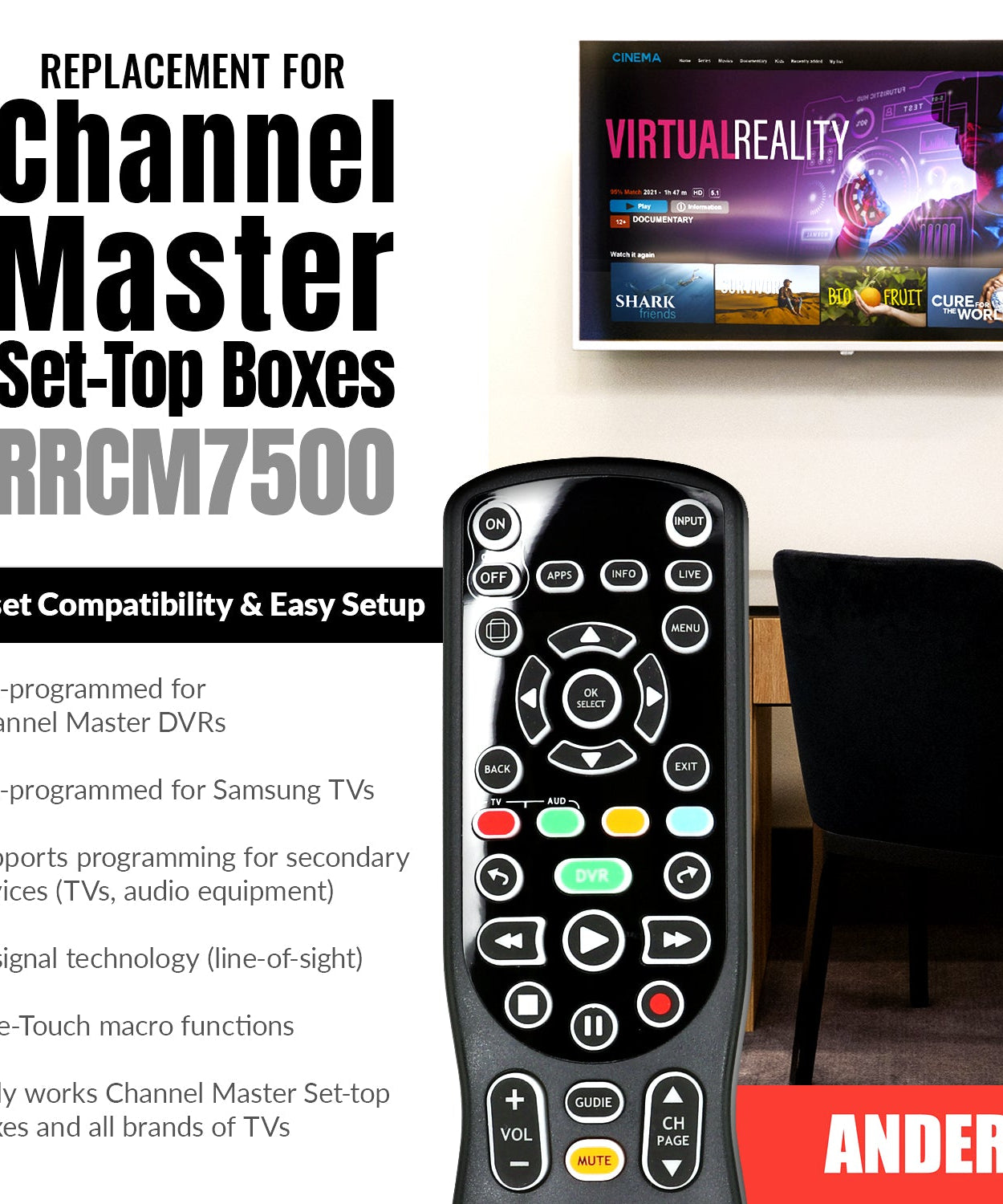Anderic RRCM7500 Replacement Remote Control for Channel Master CM7500XRC2 DVR+ Over the Air Cable box