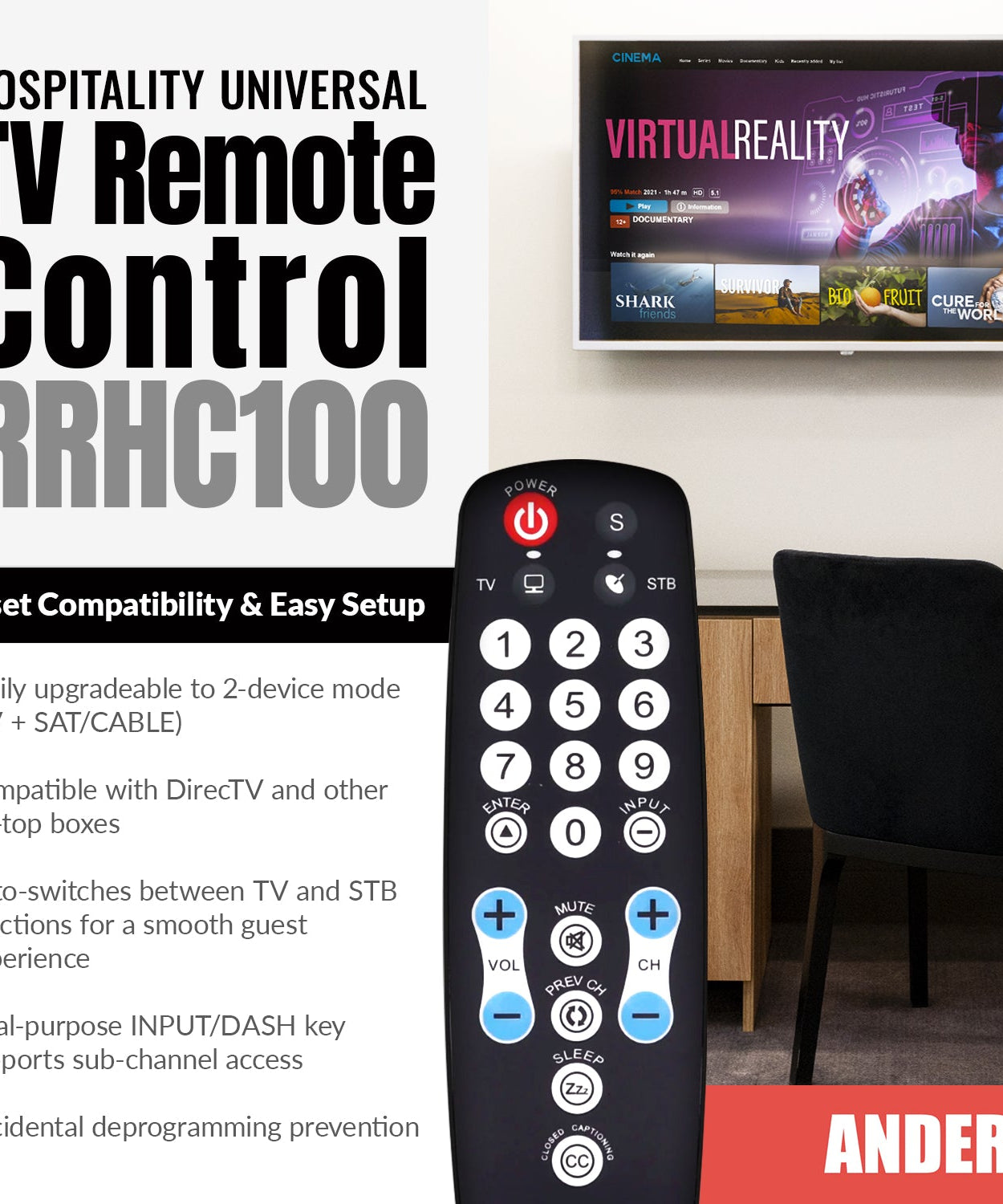 Anderic RRHC100 2-Device Universal Remote Control for Hospitality TV Cable Satellite STB with EzWipe Surface and Learning
