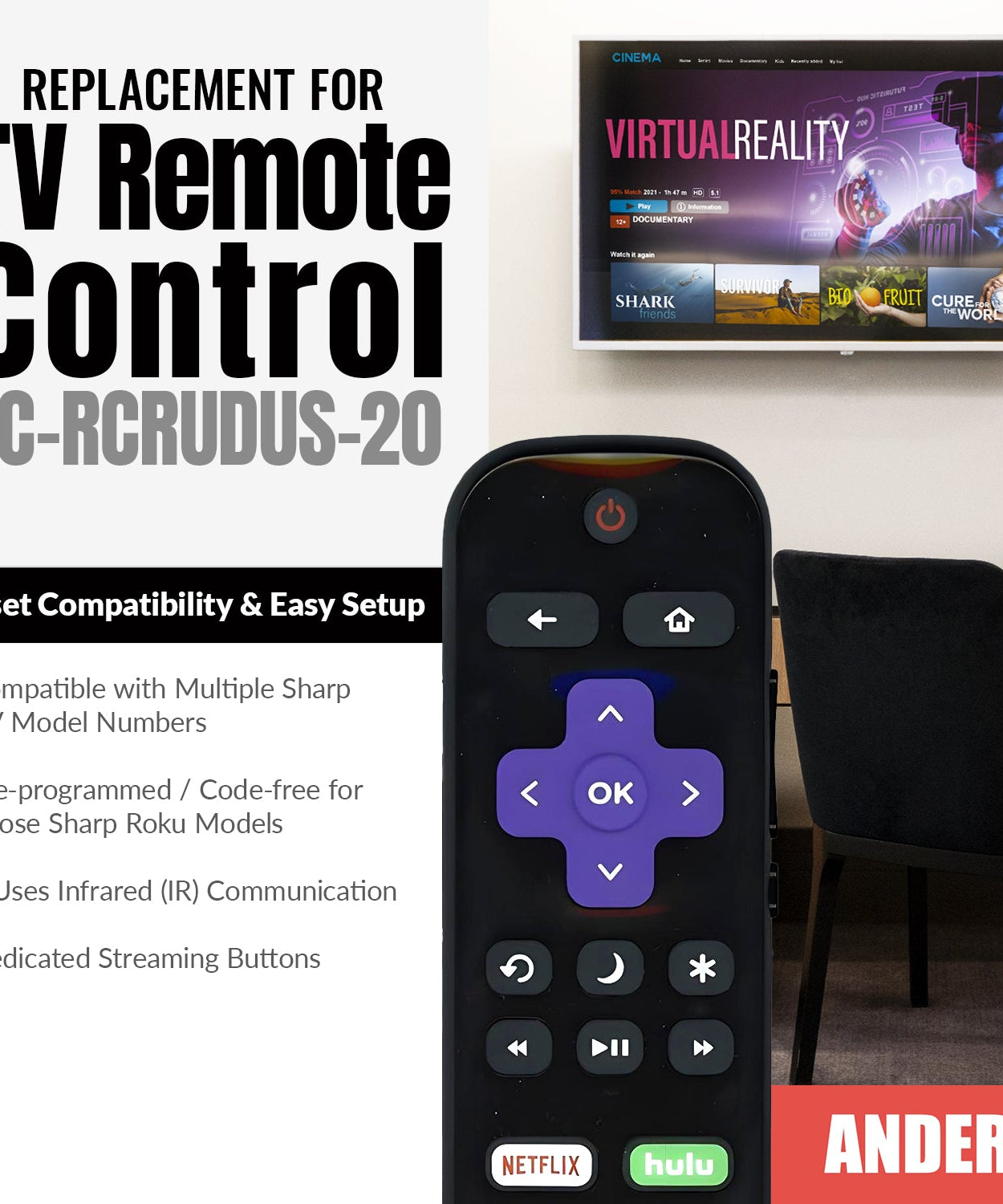 Sharp LC-RCRUDUS-20 Roku TV Remote Control | 2019, 2018 - LCRCRUDUS20