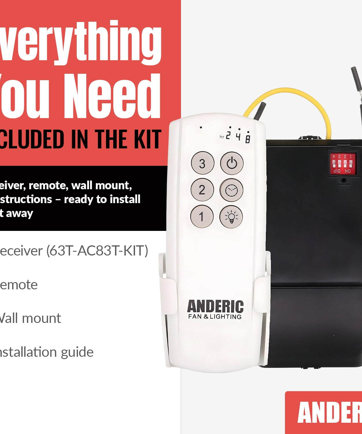 Anderic 63T-AC83T-KIT Universal Add-on Remote Control Kit for LED 3-Speed Ceiling Fans
