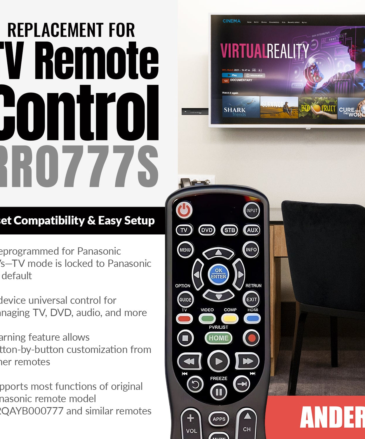Substitute for Anderic RR0777S Universal 4-Device Remote Control for Pre-programmed for Panasonic TVs [RRU401]