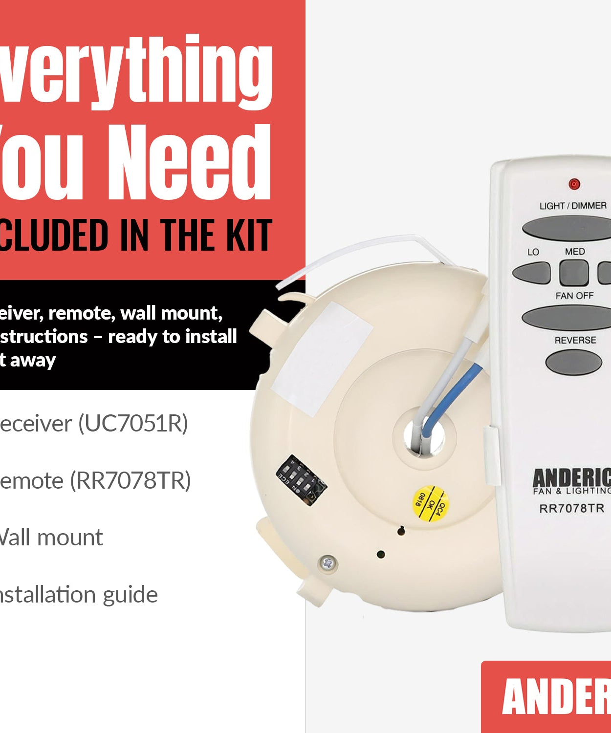 Anderic UC7051RKIT Replacement Ceiling Fan Kit for Hampton Bay and Others | RR7078TR/UC7051R