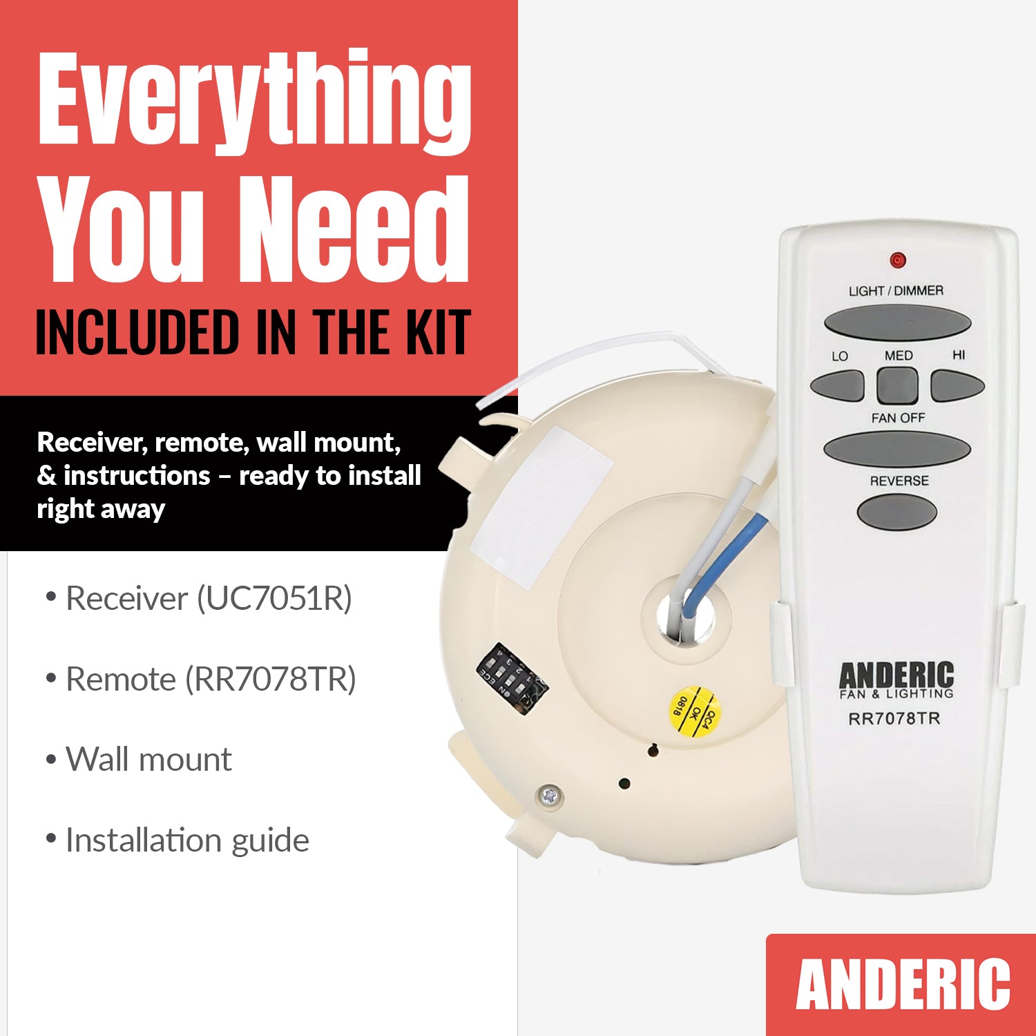 Anderic UC7051RKIT Replacement Ceiling Fan Kit for Hampton Bay and Others | RR7078TR/UC7051R