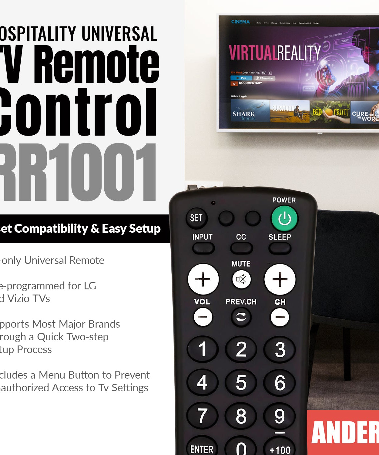 Anderic RR1001 1-Device Universal TV Remote Control with Large Keys for Hospitality