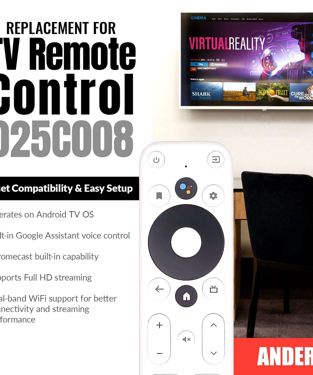 ONN 025C008 for Android TV 2K FHD Streaming Stick / 4K UHD Streaming Device Streaming Remote Control