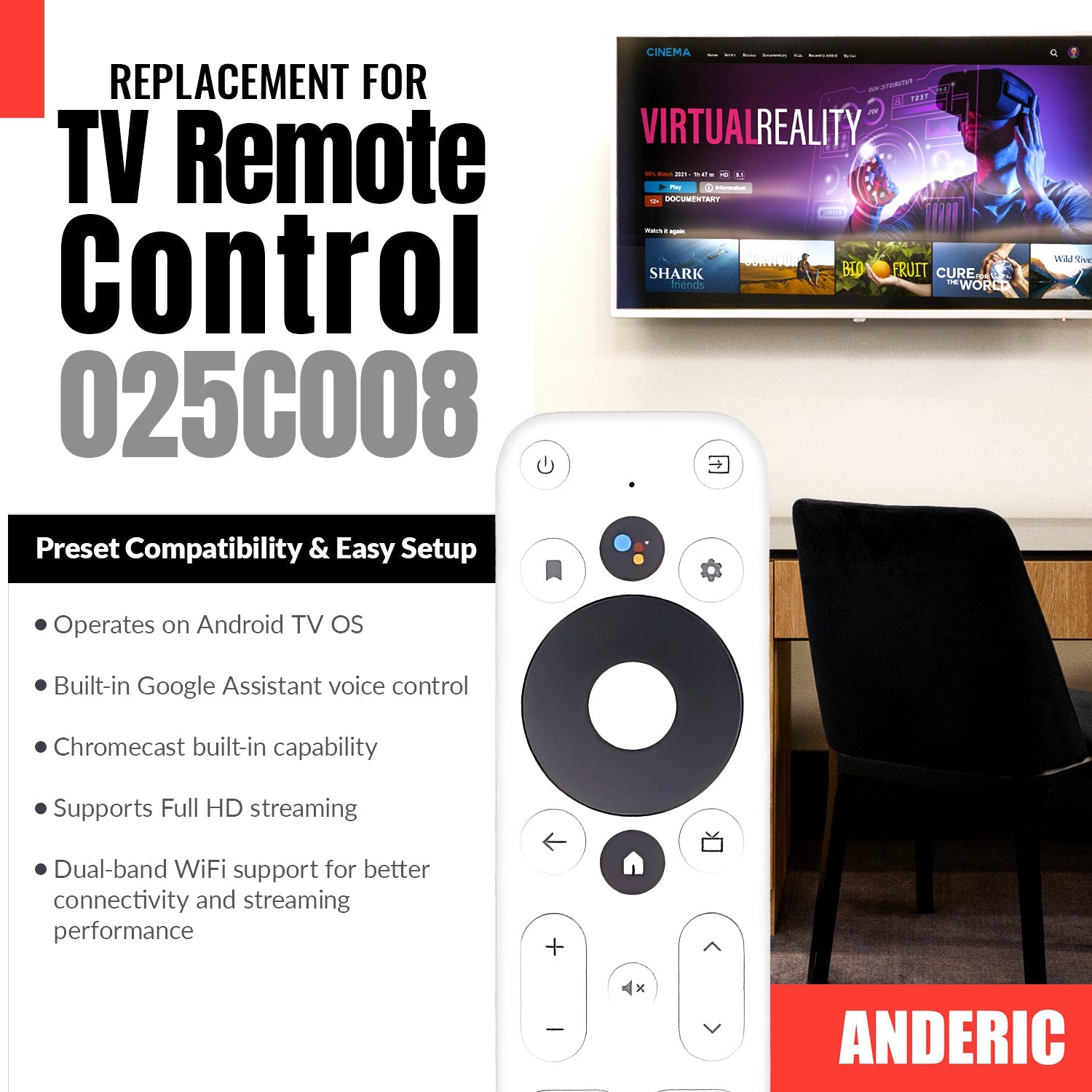 ONN 025C008 for Android TV 2K FHD Streaming Stick / 4K UHD Streaming Device Streaming Remote Control