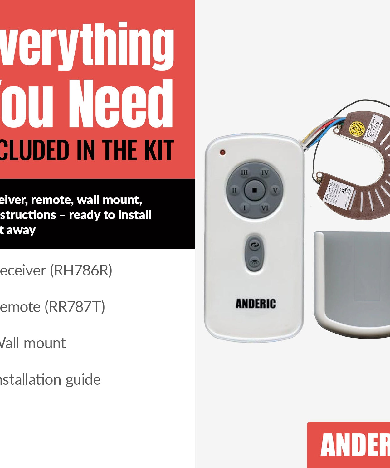 Anderic RH786R/RR787T-KIT Replacement Ceiling Fan Remote Control Kit for Casablanca and Others