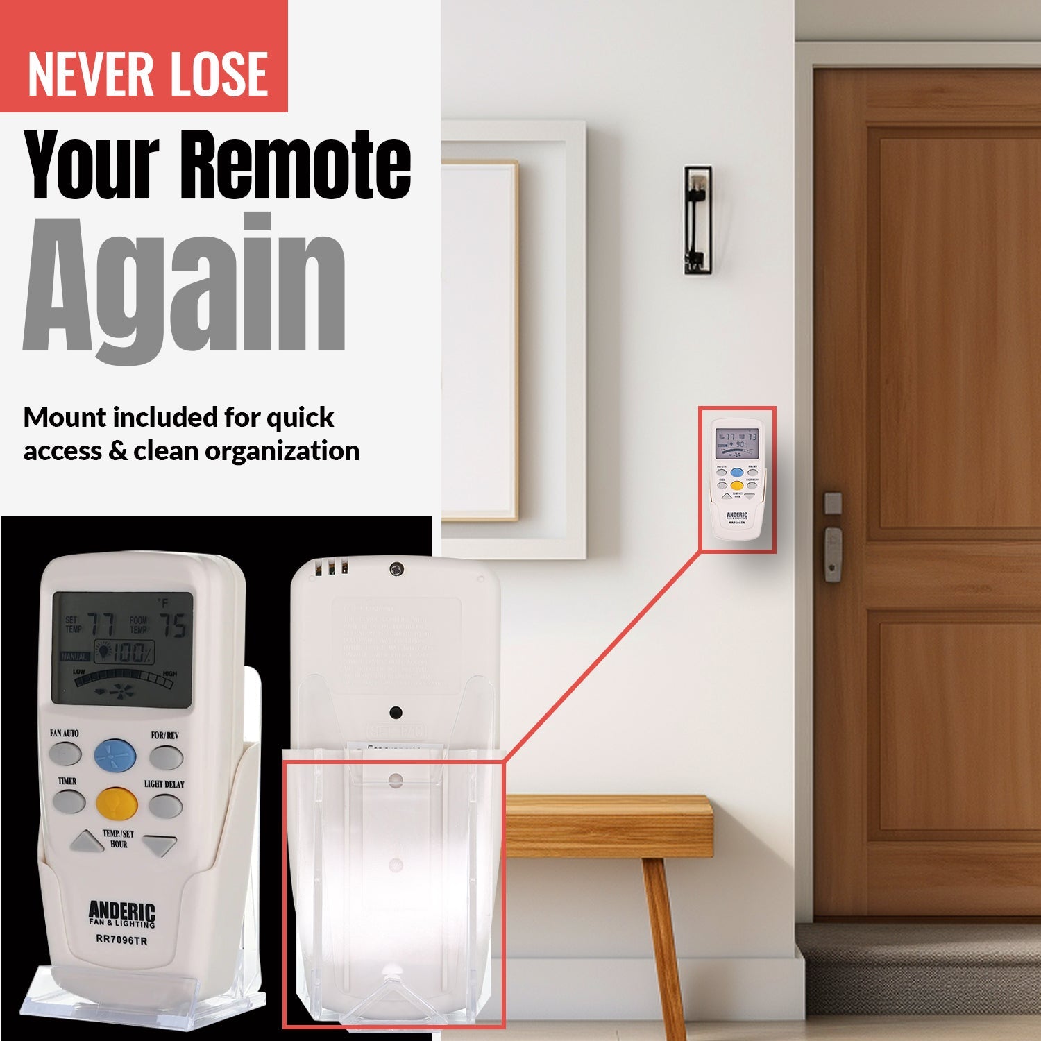 Anderic RR7096TR Thermostatic Ceiling Fan Remote Control with Reverse Key | CHQ7096T, CHQ8BT7096T