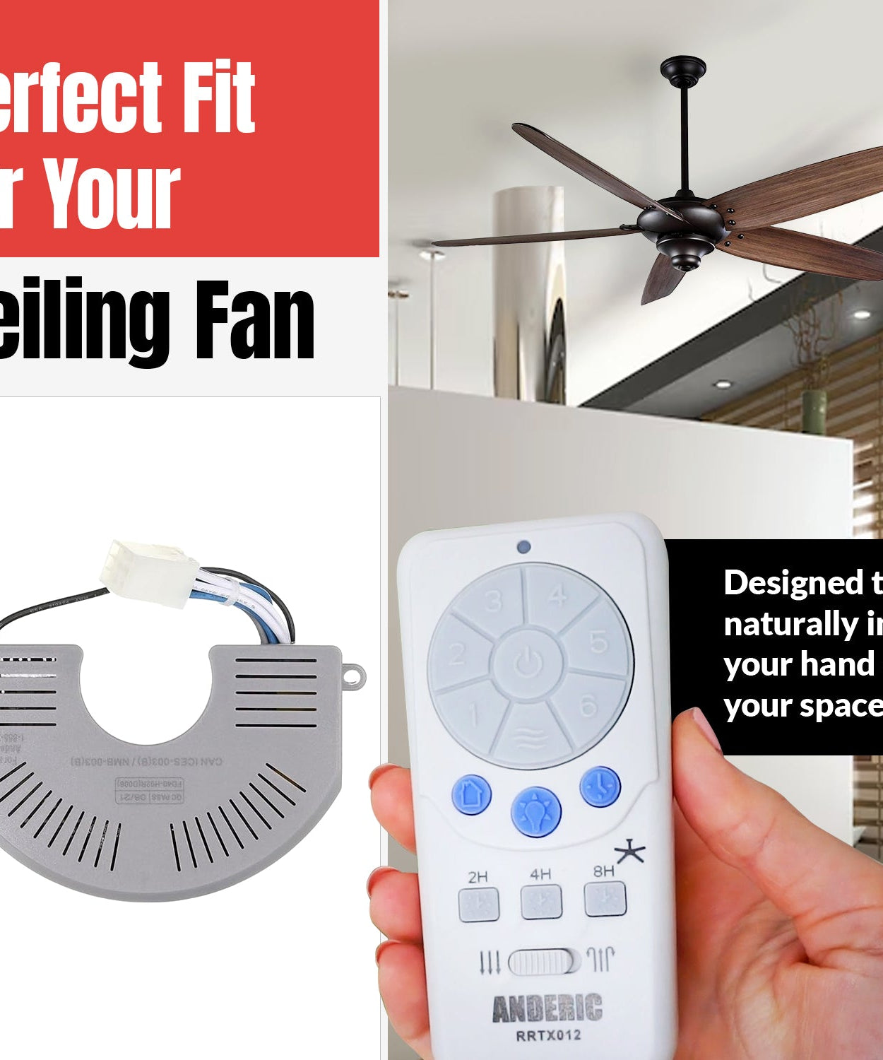 Anderic RRTX012/FD40-H02R Replacement Ceiling Fan Remote Control Kit