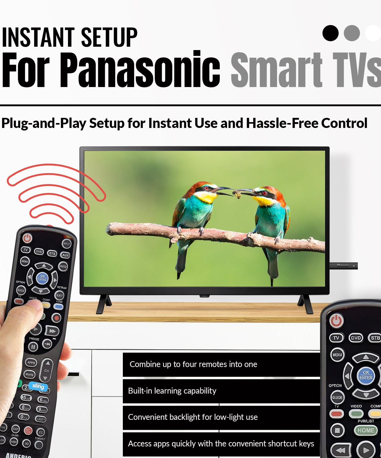 Substitute for Anderic RR0777S Universal 4-Device Remote Control for Pre-programmed for Panasonic TVs [RRU401]