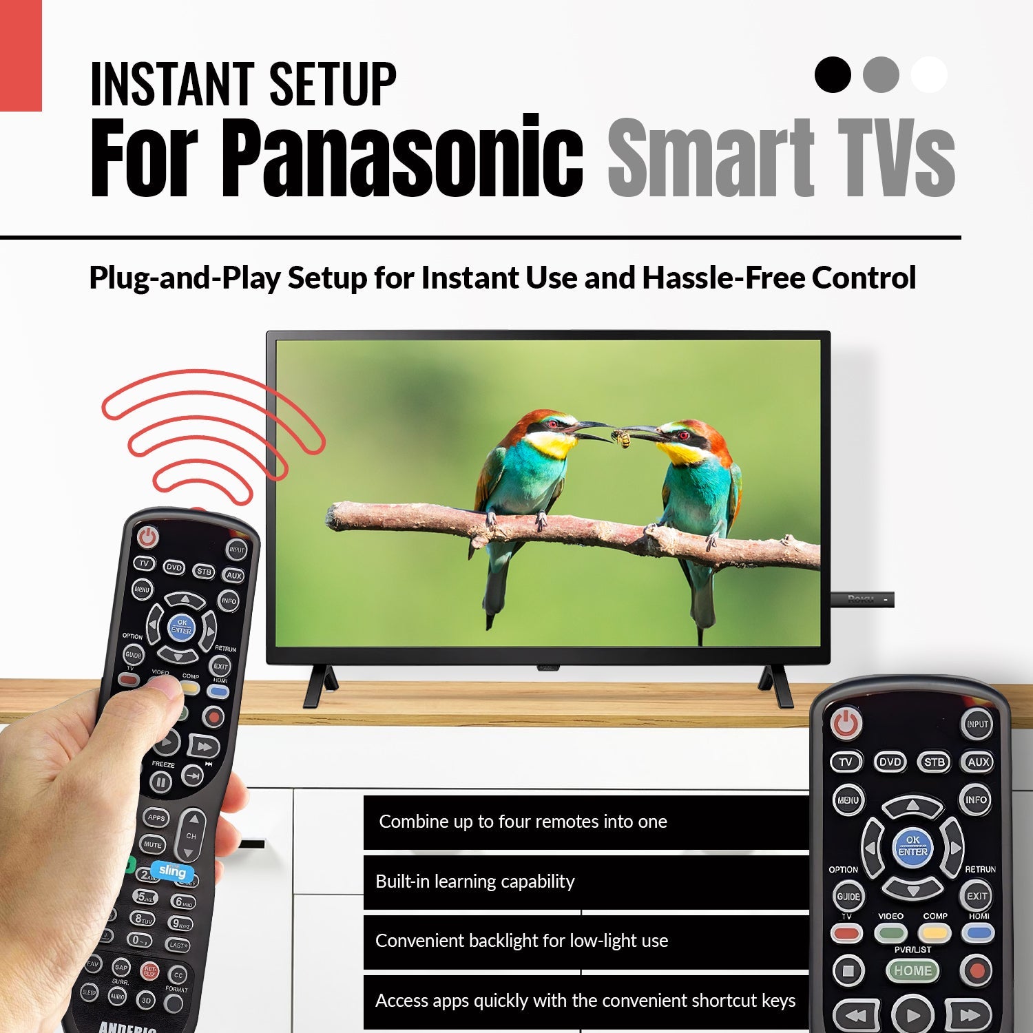 Substitute for Anderic RR0777S Universal 4-Device Remote Control for Pre-programmed for Panasonic TVs [RRU401]