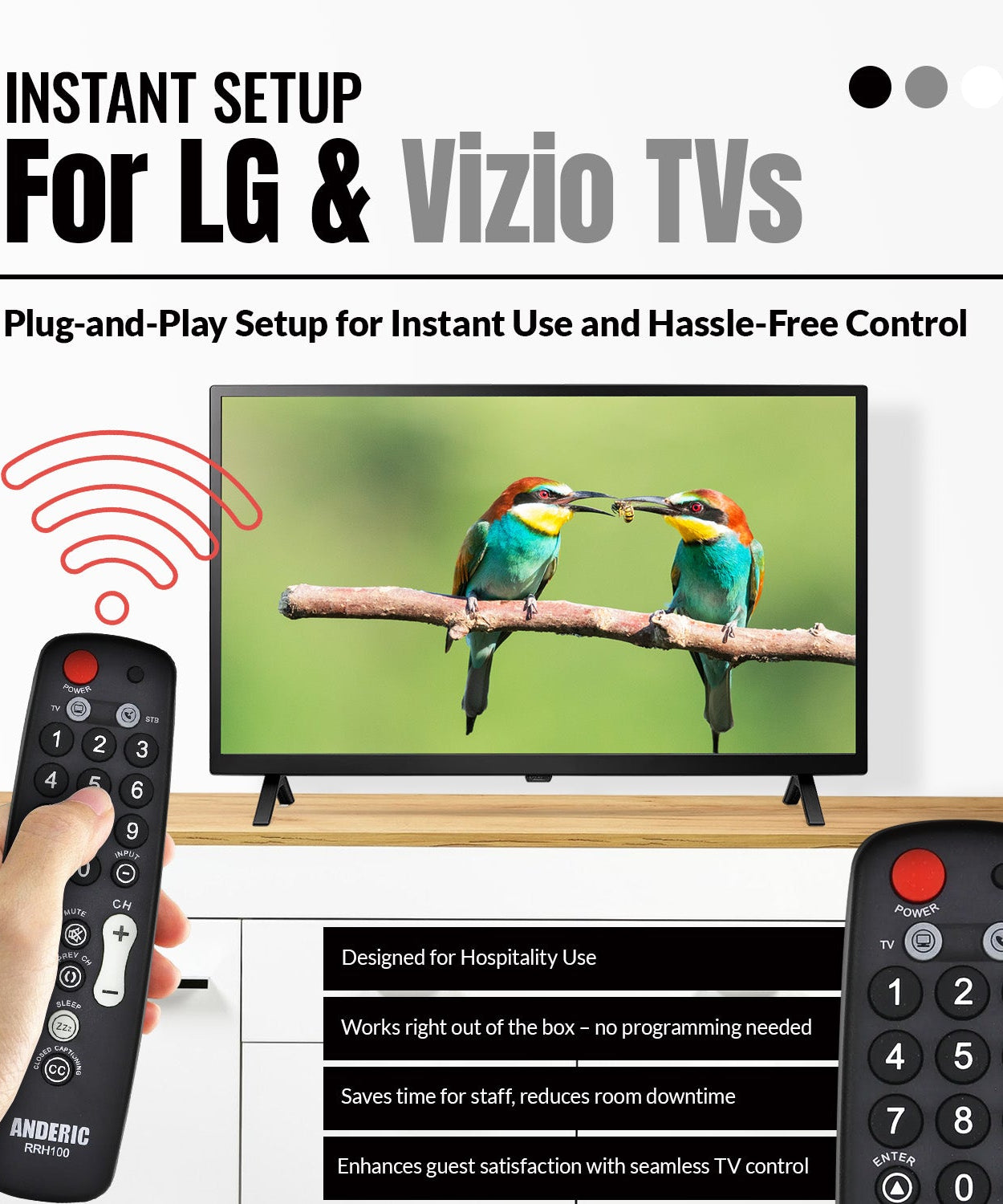 Anderic RRH100 2-Device Universal Remote Control for Hospitality TVs and Cable/Satellite/STB Boxes with Learning